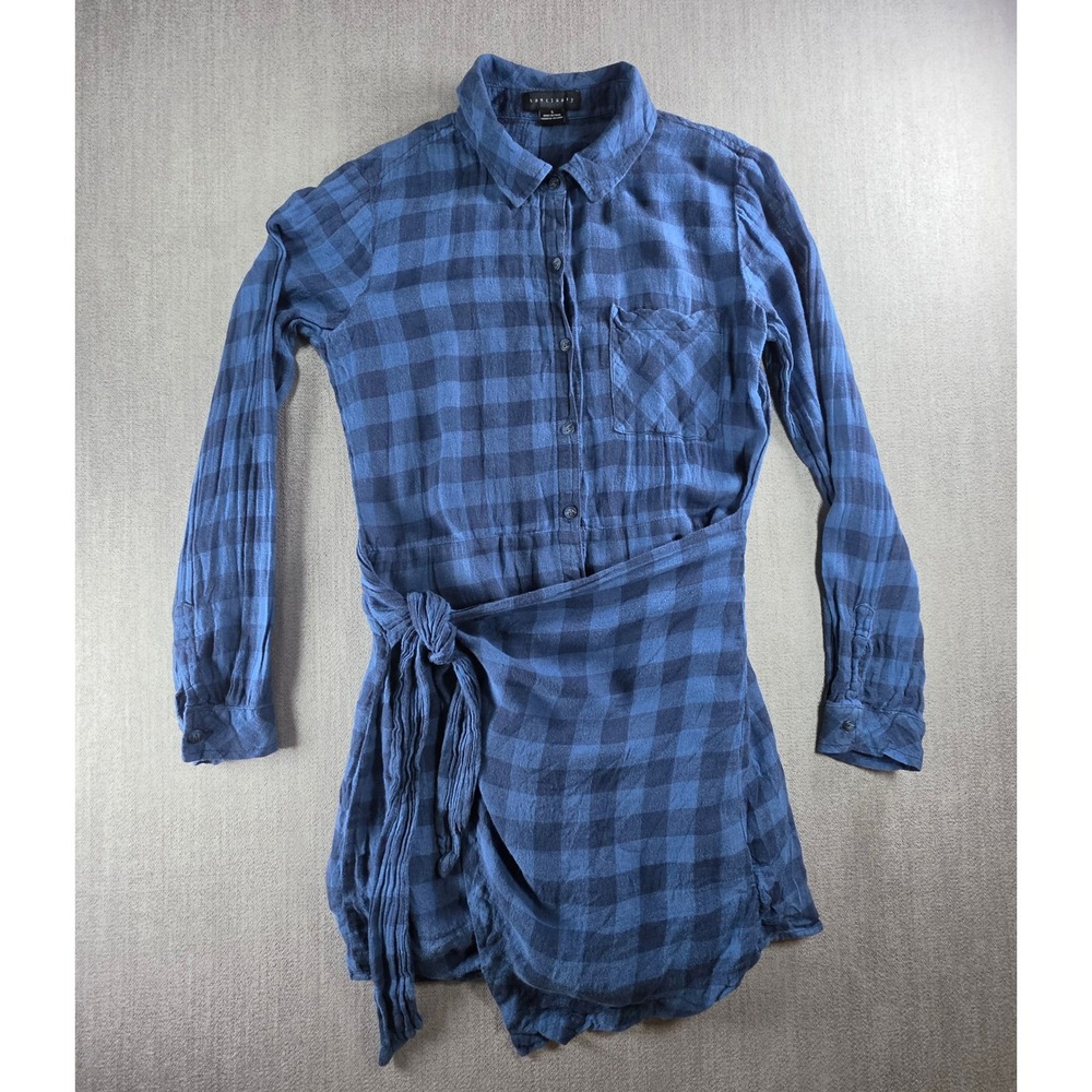 Sanctuary Shirt Dress Womens S Blue Plaid Long Sleeve Tie Waist Button Front